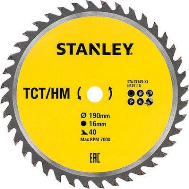 STANLEY ΔΙΣΚΟΣ ΞΥΛΟΥ ΜΕ ΔΟΝΤΙΑ 40 ΤΡΥΠΑ 16MM ΚΑΙ ΔΙΑΜΕΤΡΟ 190MM (STA13145-XJ)